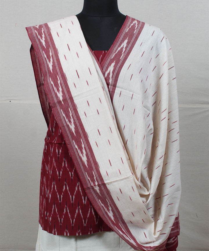 Maroon white handwoven cotton pochampally ikat dress material