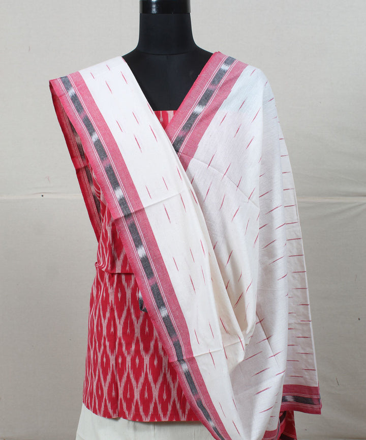 Pink white handwoven cotton pochampally ikat dress material