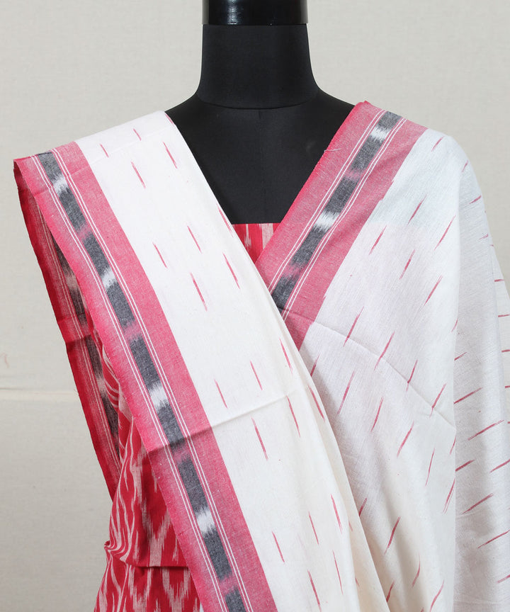 Pink white handwoven cotton pochampally ikat dress material