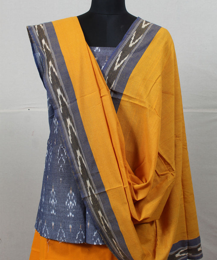Grey blue handwoven cotton pochampally ikat dress material