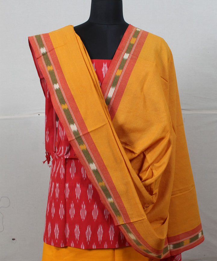 Red mustard handwoven cotton pochampally ikat dress material