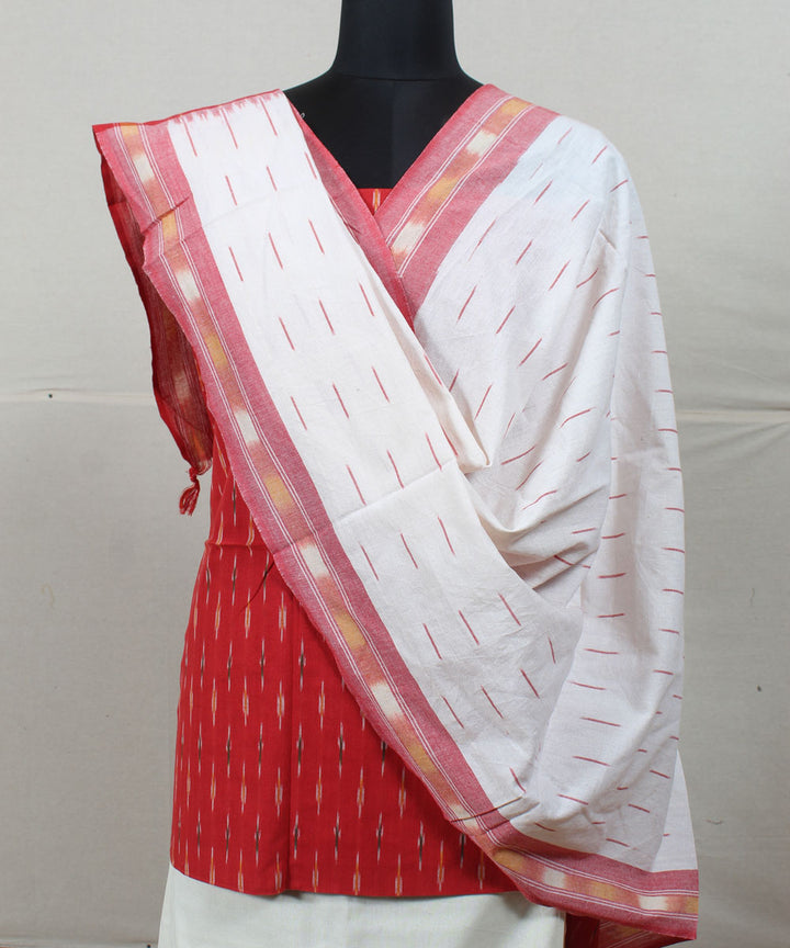 Red white handwoven cotton pochampally ikat dress material