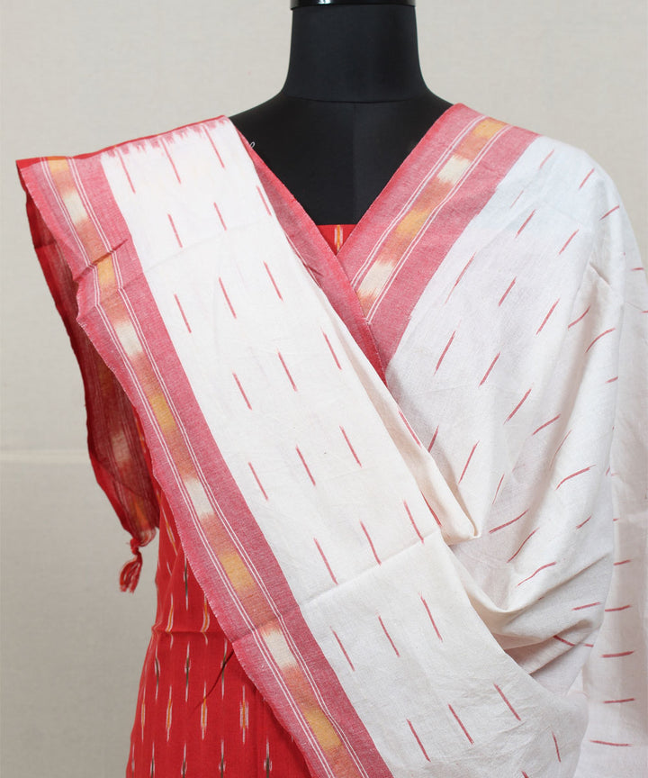 Red white handwoven cotton pochampally ikat dress material