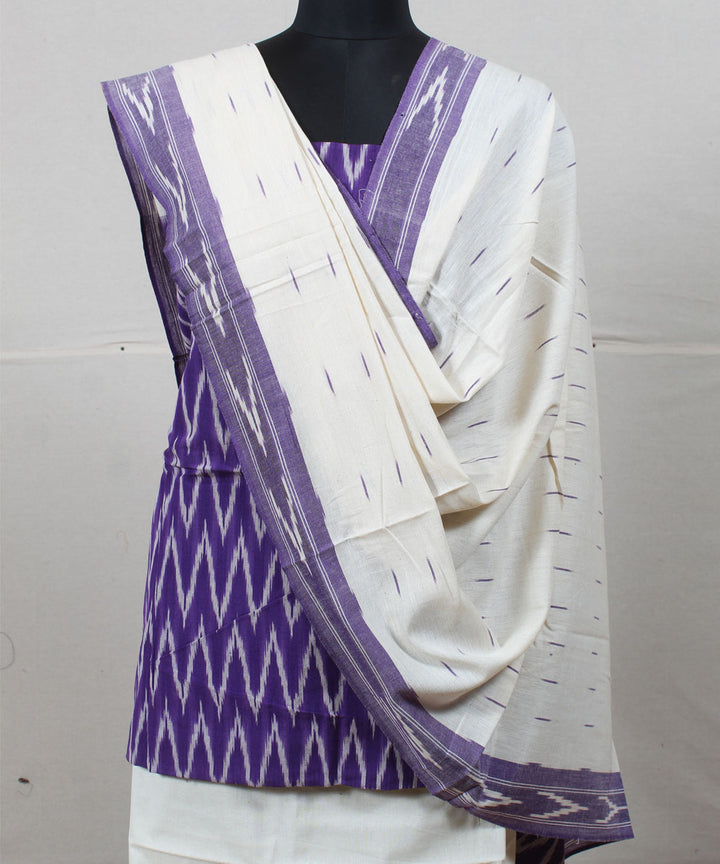 Purple white handwoven cotton pochampally ikat dress material
