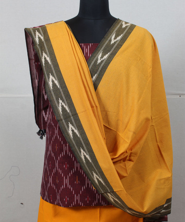 Maroon mustard pochampally ikat handwoven cotton dress material