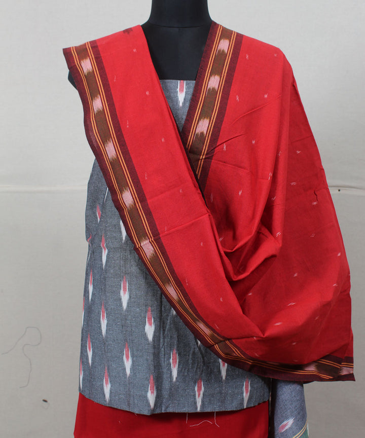 Grey red handwoven cotton pochampally ikat dress material