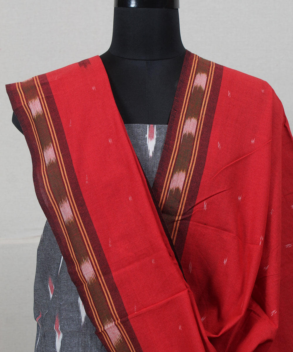 Grey red handwoven cotton pochampally ikat dress material