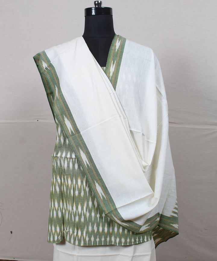 Light green white handwoven cotton pochampally ikat dress material