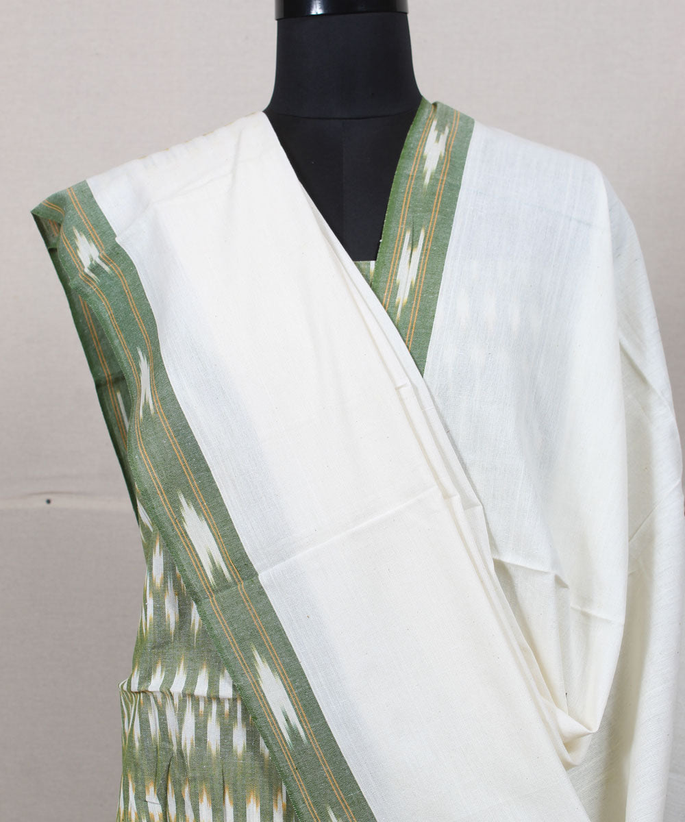 Light green white handwoven cotton pochampally ikat dress material