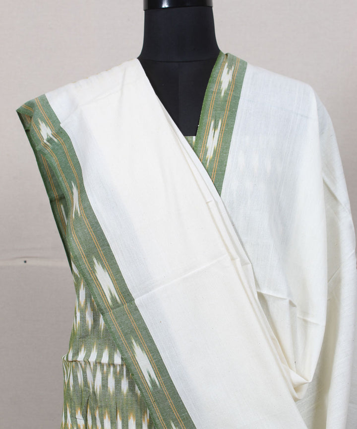 Light green white handwoven cotton pochampally ikat dress material