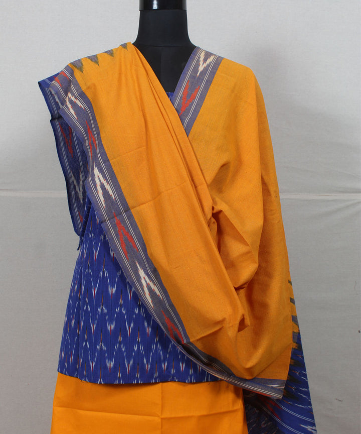 Navy blue mustard handwoven cotton pochampally ikat dress material