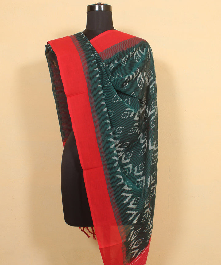 Dark green red handwoven cotton pochampally ikat dupatta
