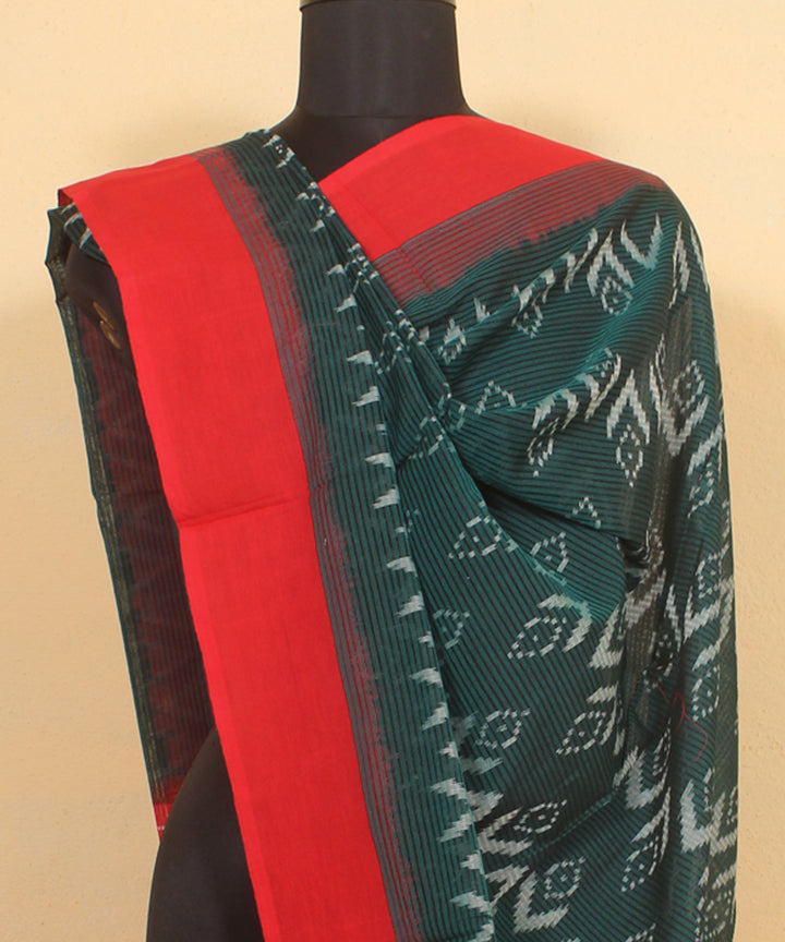 Dark green red handwoven cotton pochampally ikat dupatta