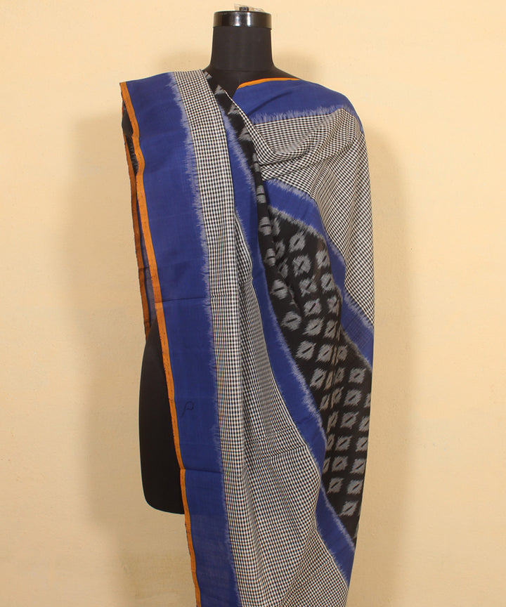 Grey black indigo handwoven cotton pochampally ikat dupatta