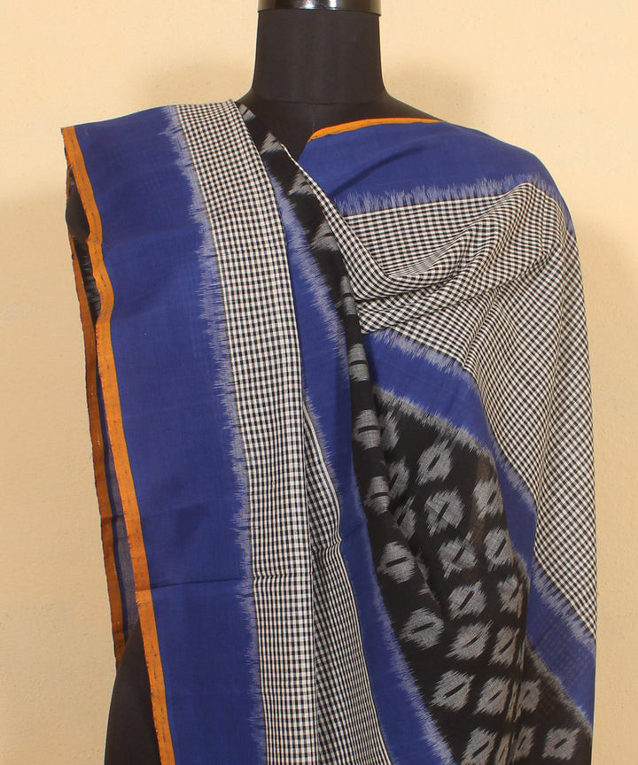 Grey black indigo handwoven cotton pochampally ikat dupatta