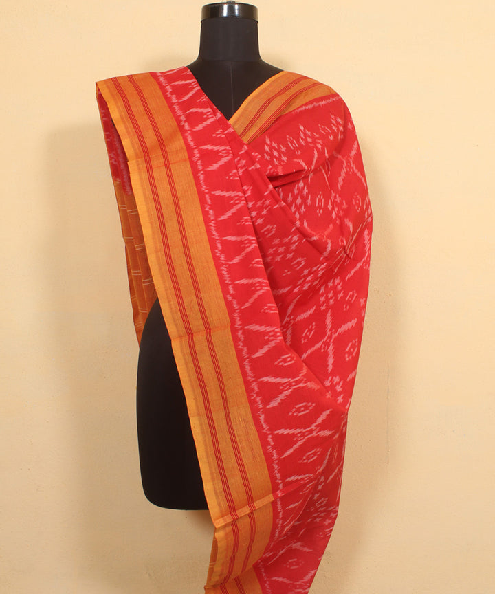Red brown handwoven cotton pochampally ikat dupatta