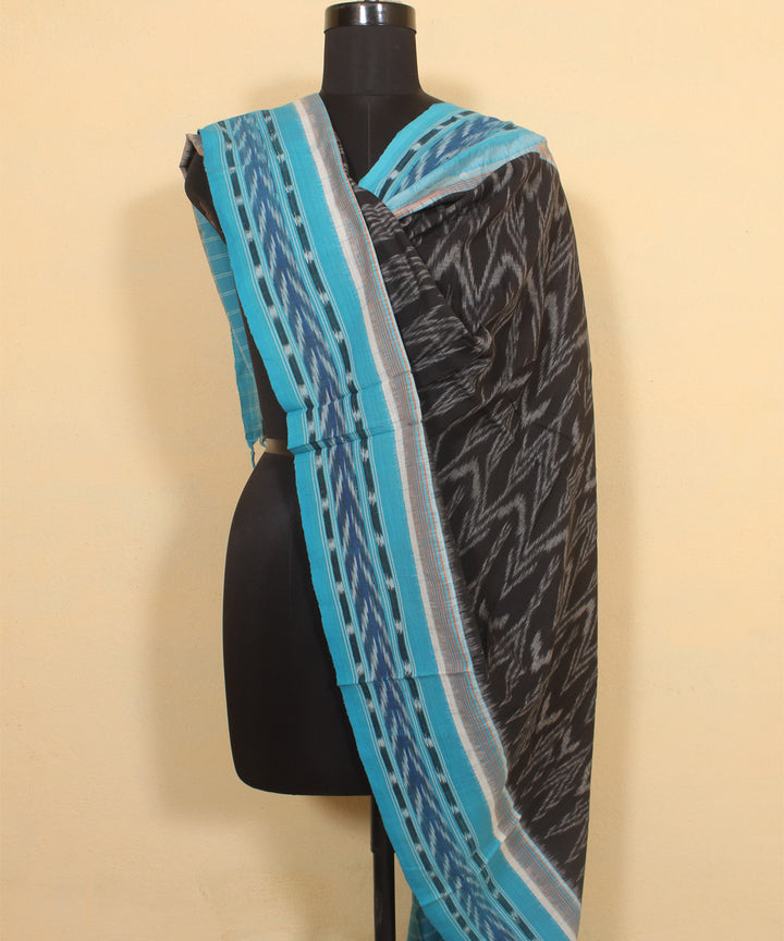 Black cyan blue handwoven cotton pochampally ikat dupatta