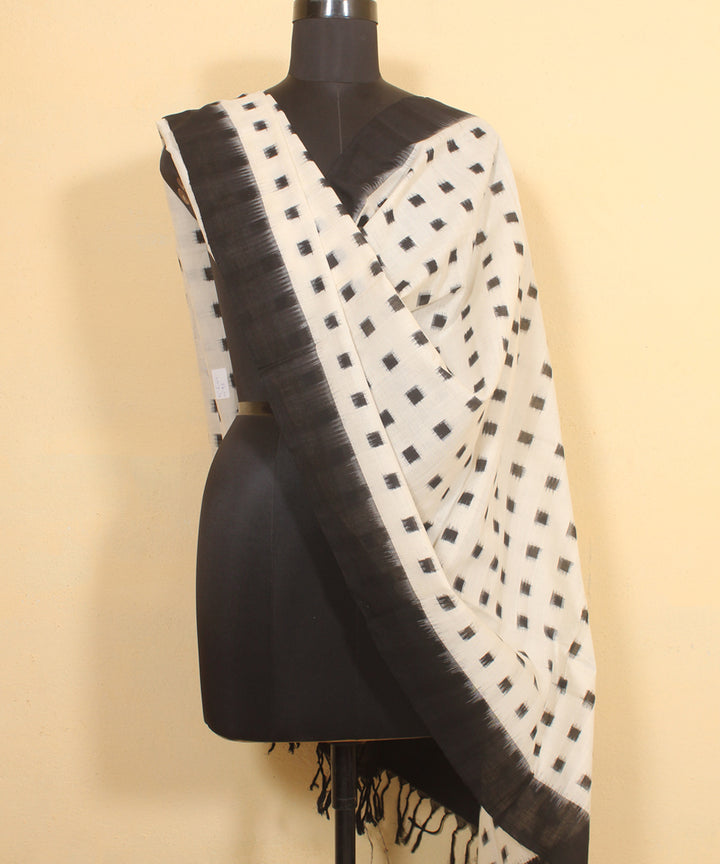 Offwhite black handwoven cotton pochampally ikat dupatta