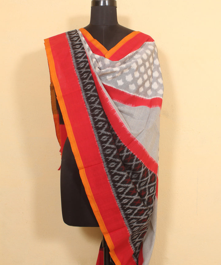 Grey red black handwoven cotton pochampally ikat dupatta