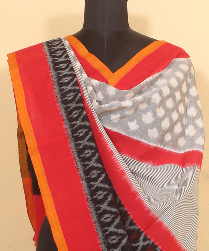 Grey red black handwoven cotton pochampally ikat dupatta