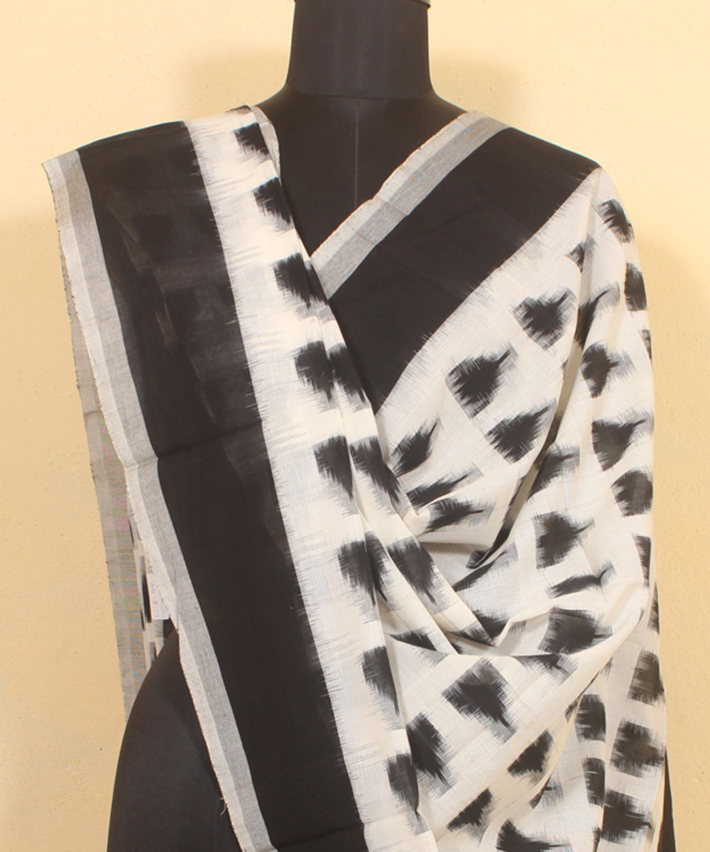 Offwhite black handwoven pochampally ikat cotton dupatta
