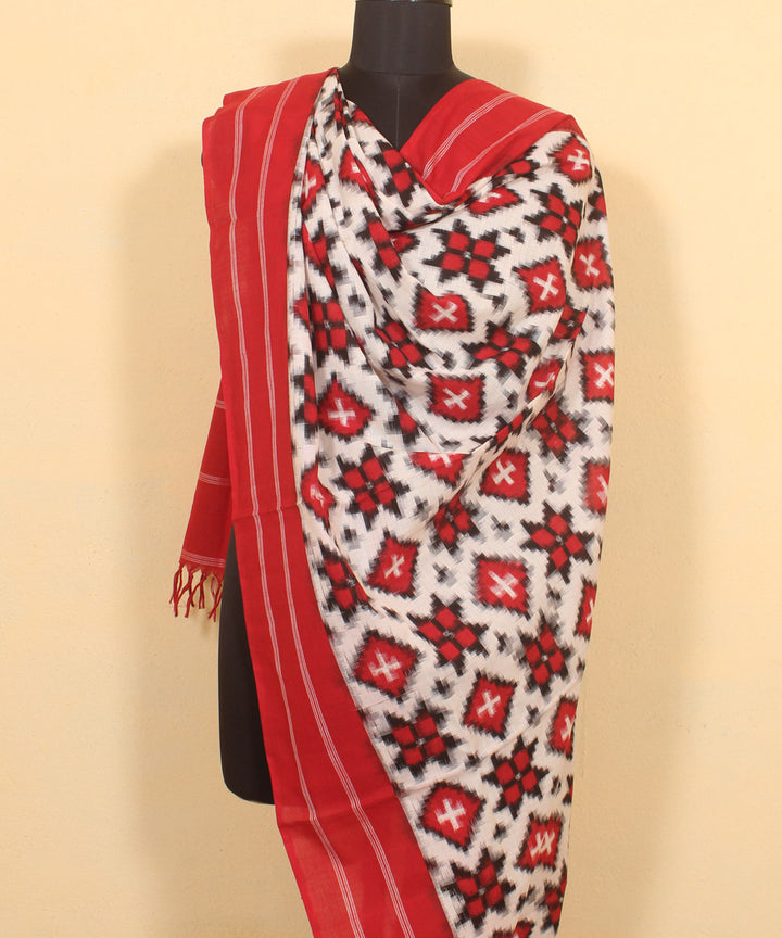 White red black handwoven cotton pochampally double ikat dupatta