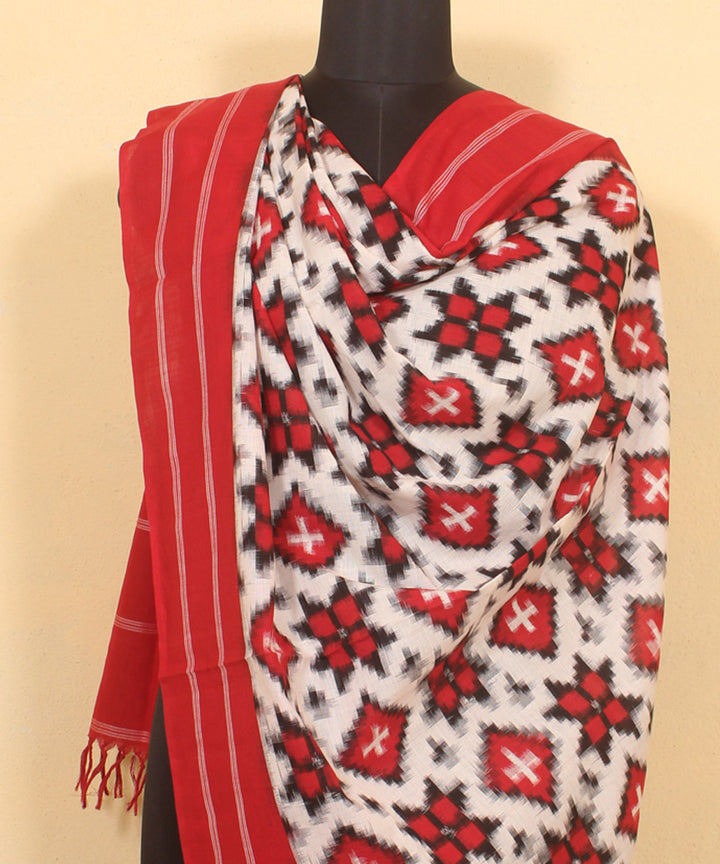 White red black handwoven cotton pochampally double ikat dupatta