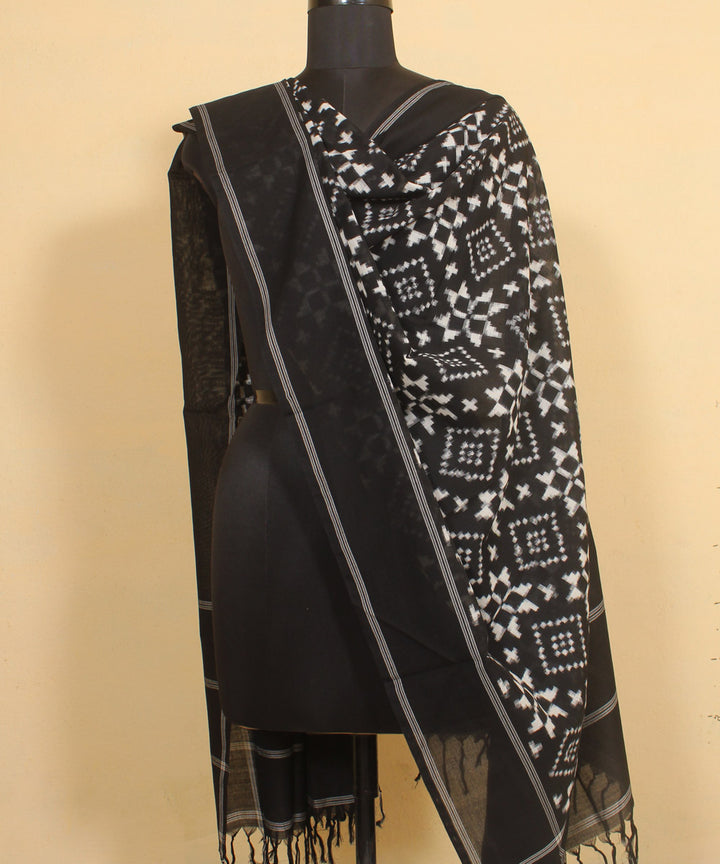 Black white handwoven pochampally double ikat cotton dupatta