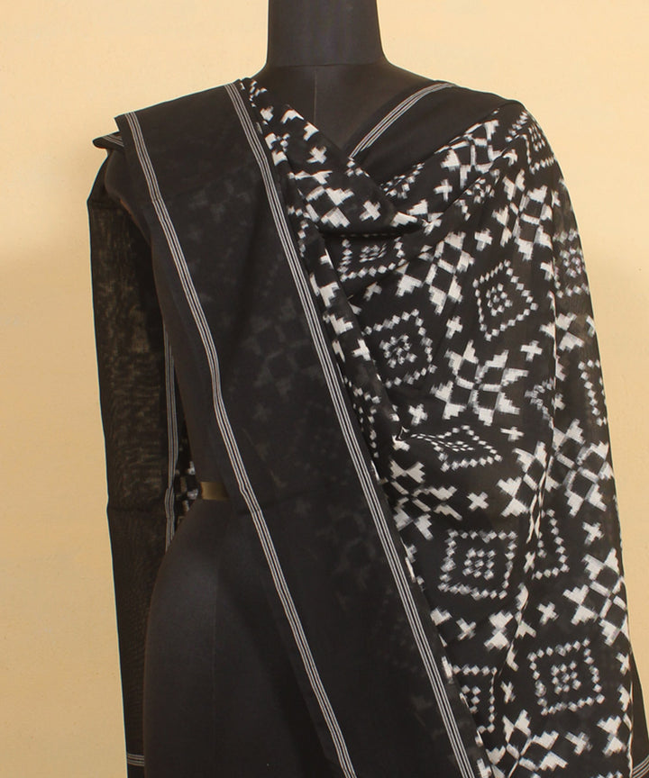 Black white handwoven pochampally double ikat cotton dupatta
