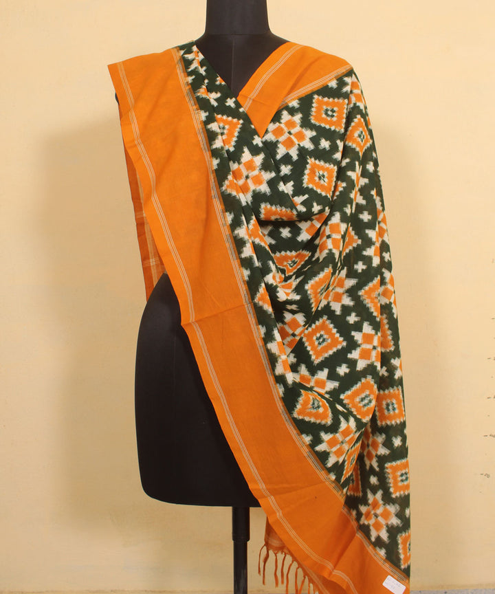 Mustard black handwoven cotton pochampally double ikat dupatta