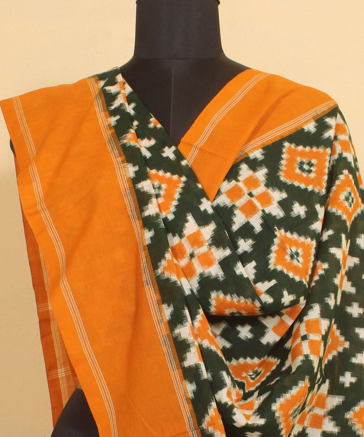 Mustard black handwoven cotton pochampally double ikat dupatta