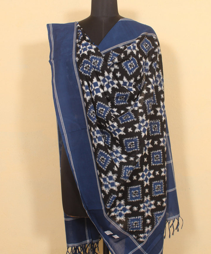 Black powder blue handwoven cotton pochampally double ikat dupatta