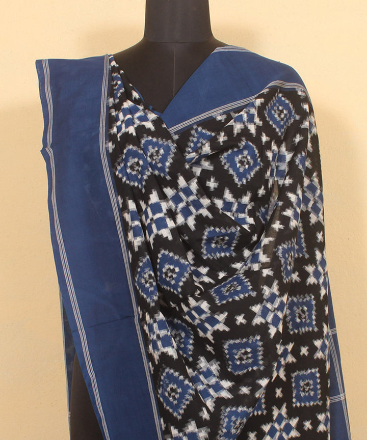 Black powder blue handwoven cotton pochampally double ikat dupatta