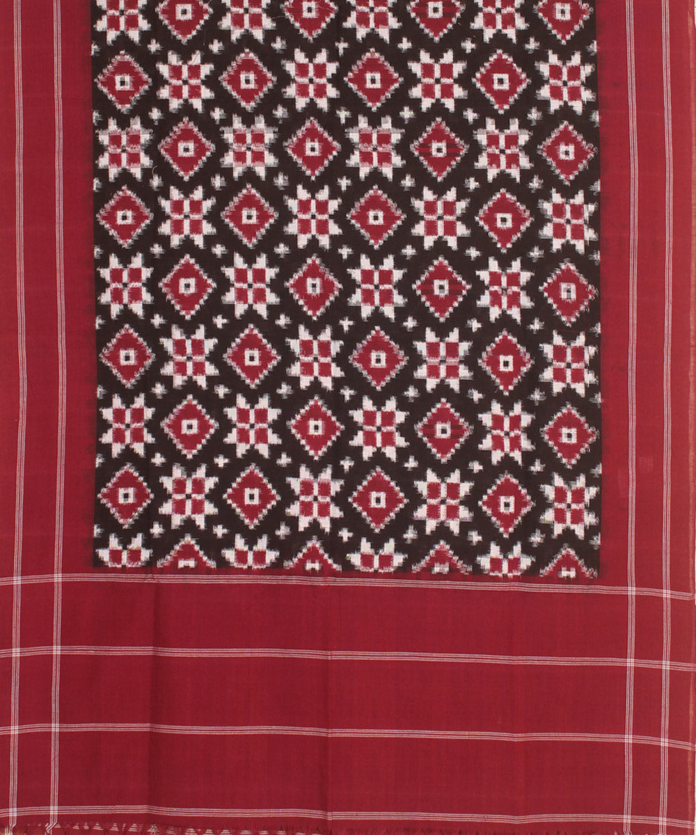 Maroon black white handwoven pochampally double ikat cotton dupatta
