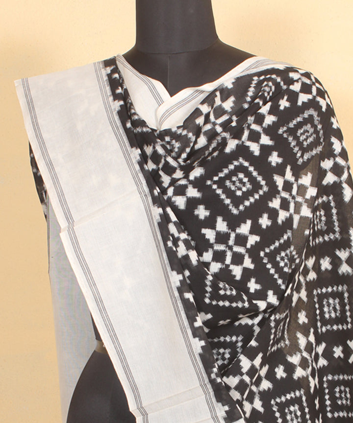 Black offwhite handwoven cotton pochampally double ikat dupatta
