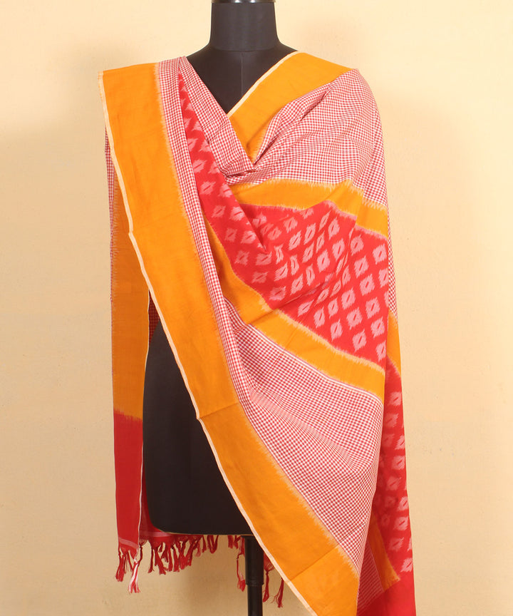 Yellow red handwoven cotton pochampally ikat dupatta