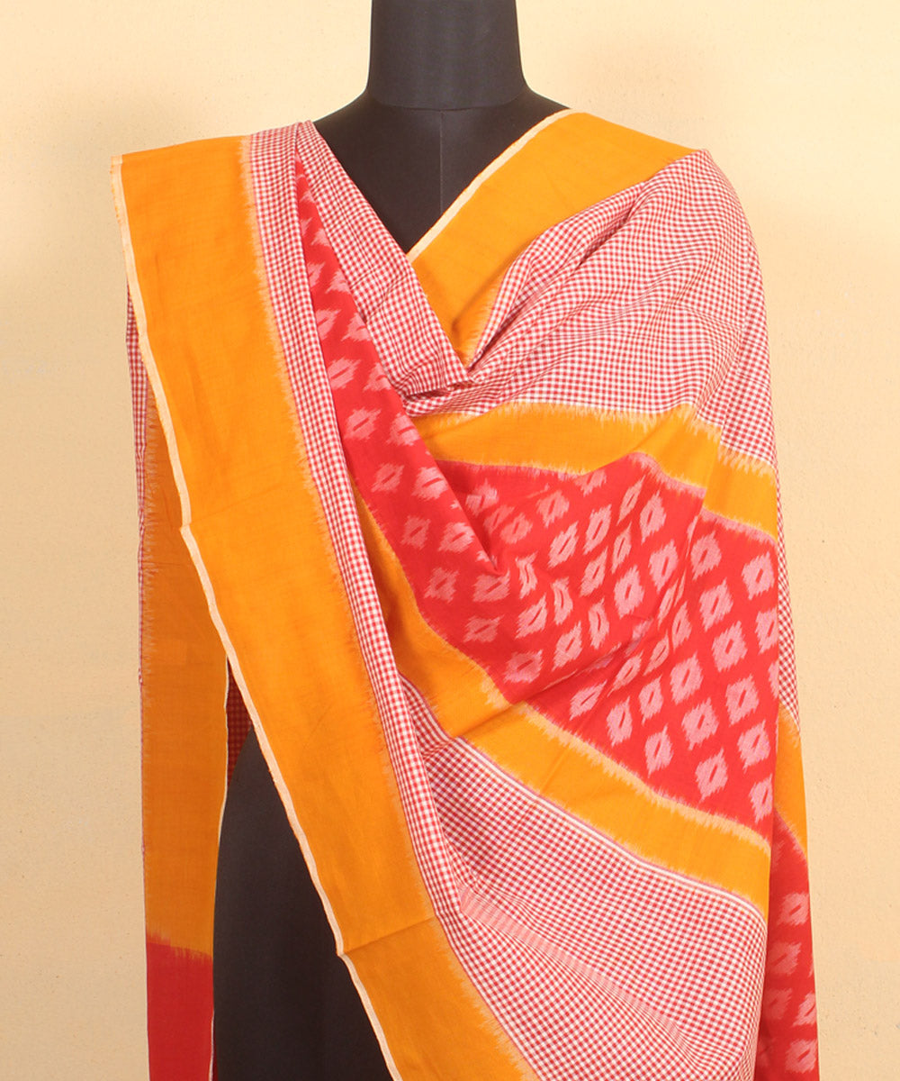Yellow red handwoven cotton pochampally ikat dupatta