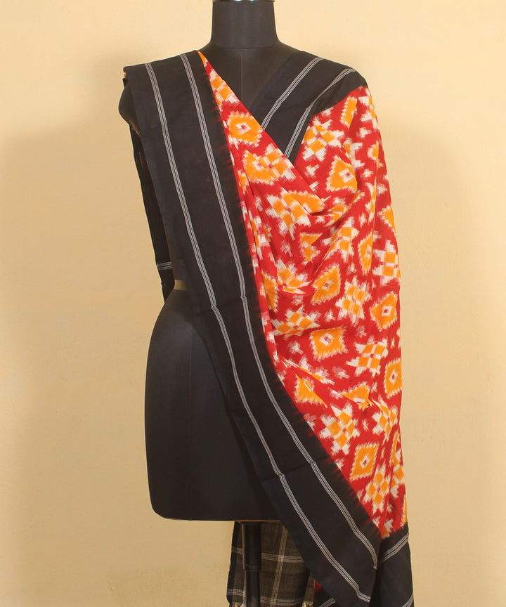 Yellow white black handwoven cotton pochampally double ikat dupatta