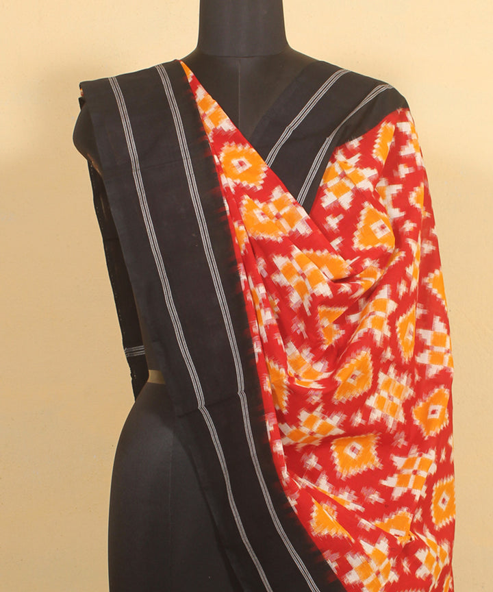 Yellow white black handwoven cotton pochampally double ikat dupatta