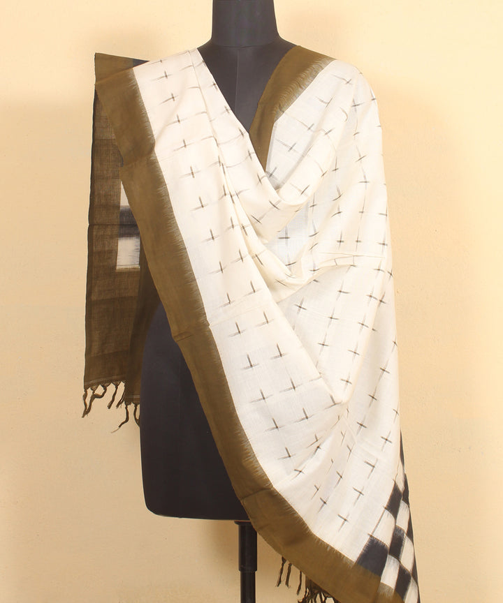 White black olive handwoven cotton pochampally ikat dupatta