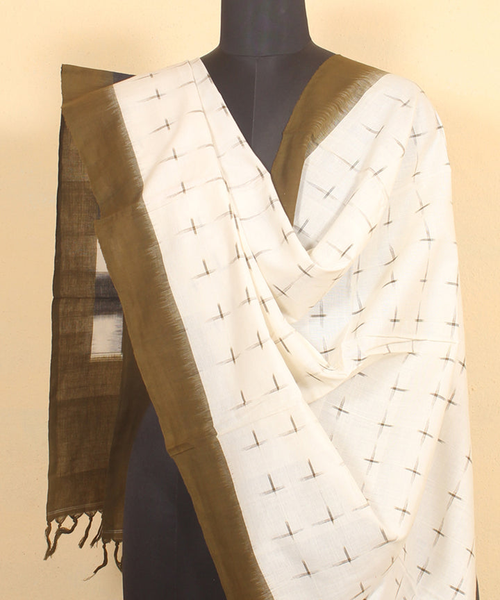 White black olive handwoven cotton pochampally ikat dupatta