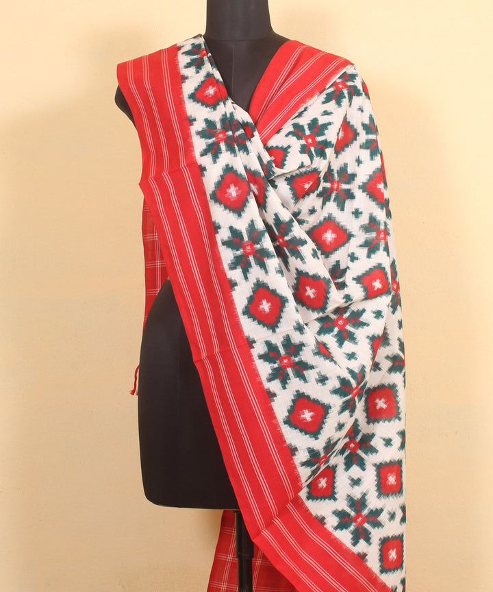 White red handwoven cotton pochampally ikat dupatta