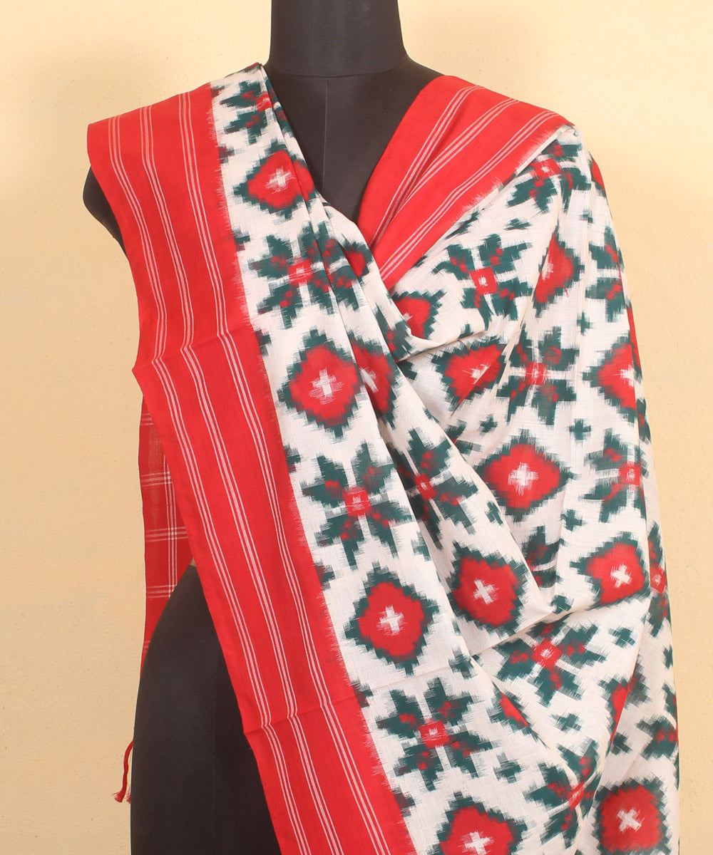 White red handwoven cotton pochampally ikat dupatta