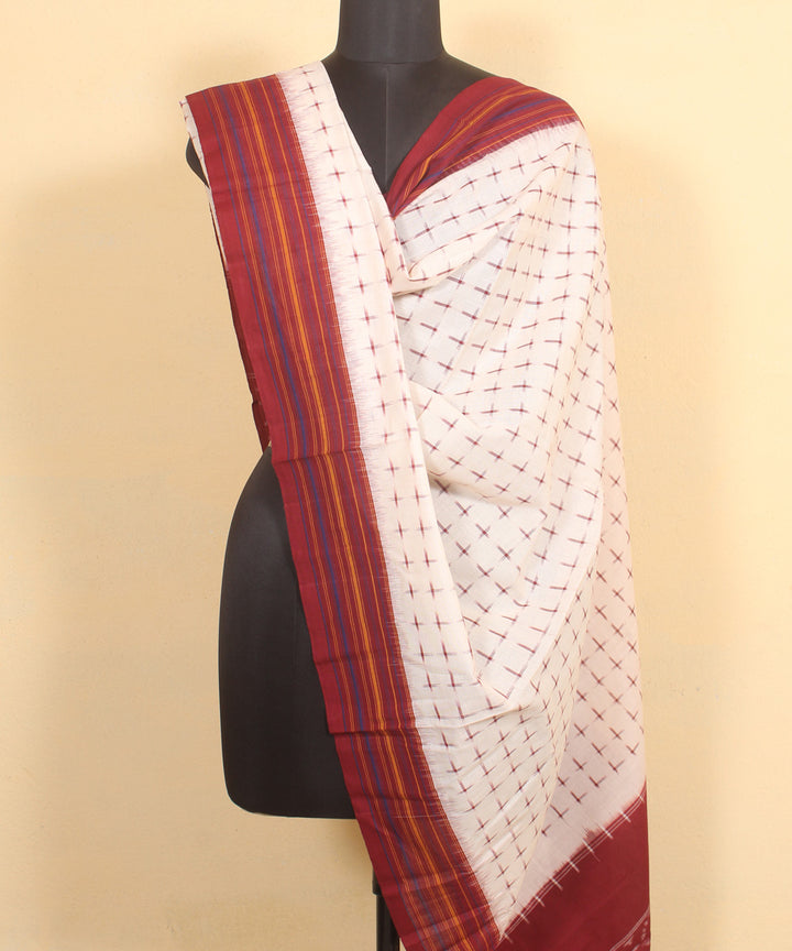 White maroon handwoven cotton pochampally ikat dupatta
