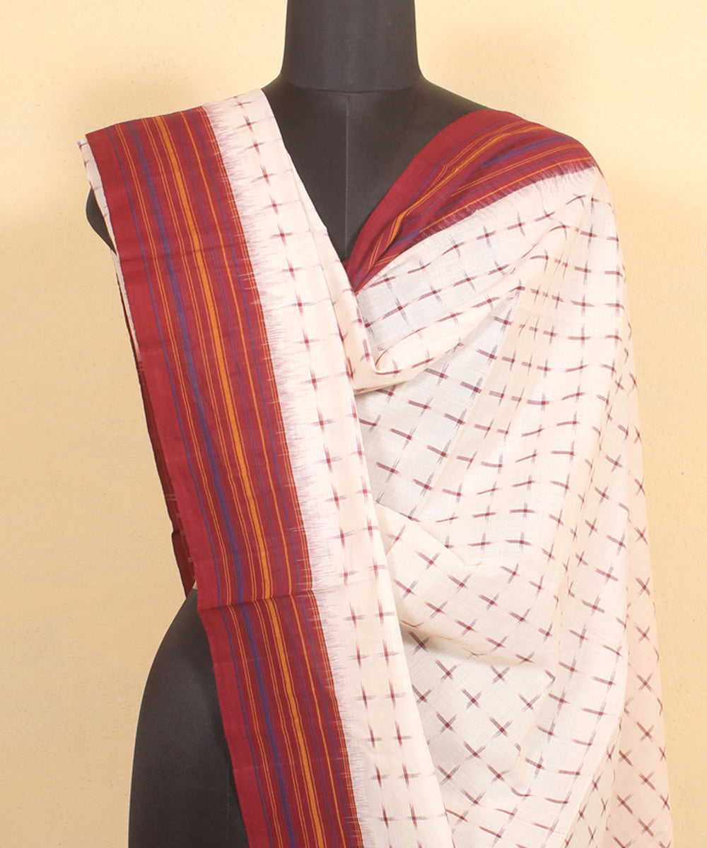 White maroon handwoven cotton pochampally ikat dupatta