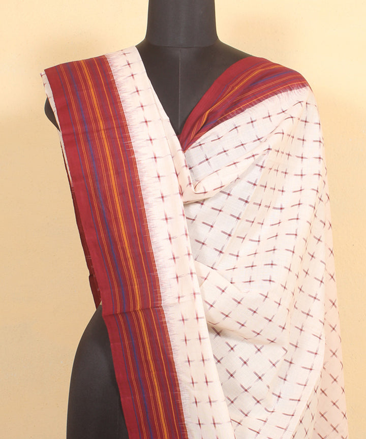 White maroon handwoven cotton pochampally ikat dupatta