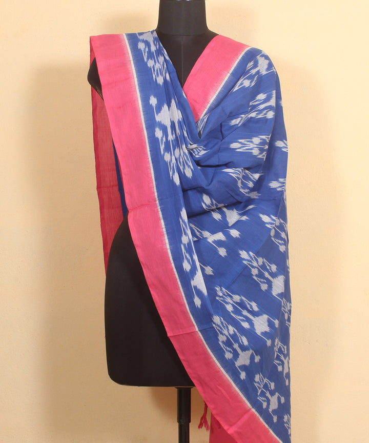 Navy blue pink handwoven cotton pochampally ikat dupatta