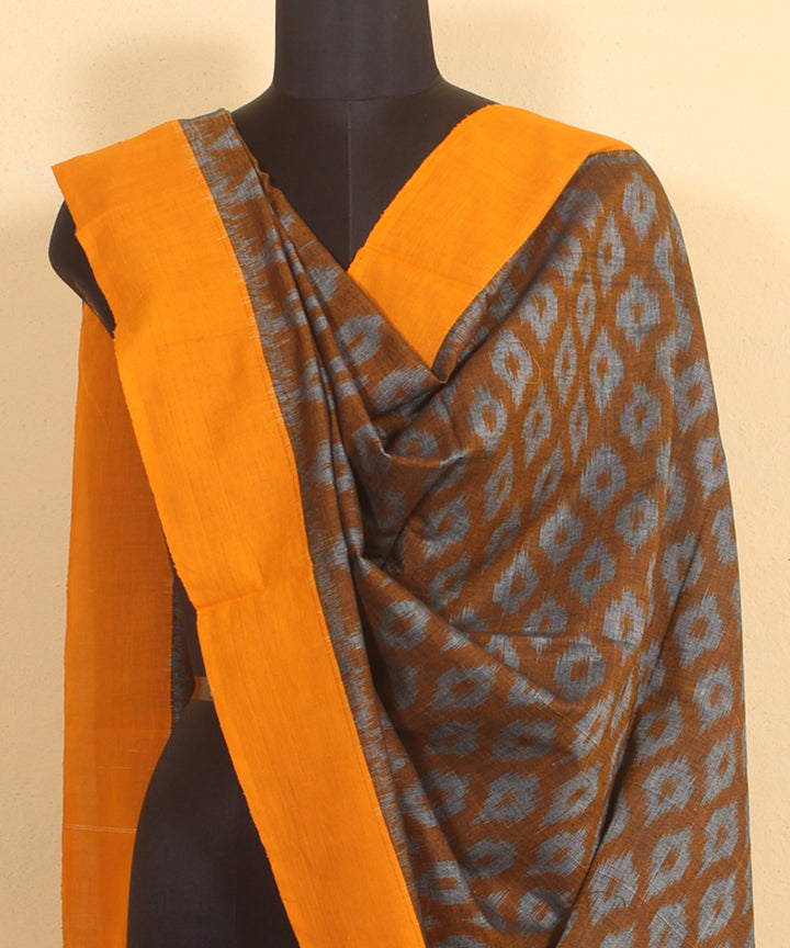 Grey mustard handwoven cotton pochampally ikat dupatta