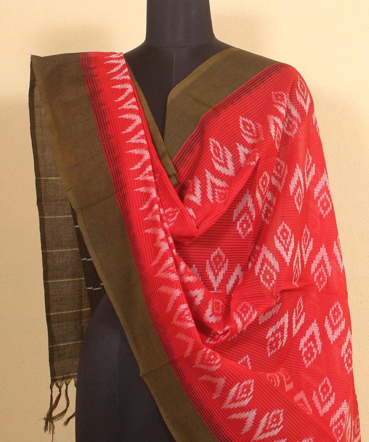 Red olive handwoven cotton pochampally ikat dupatta
