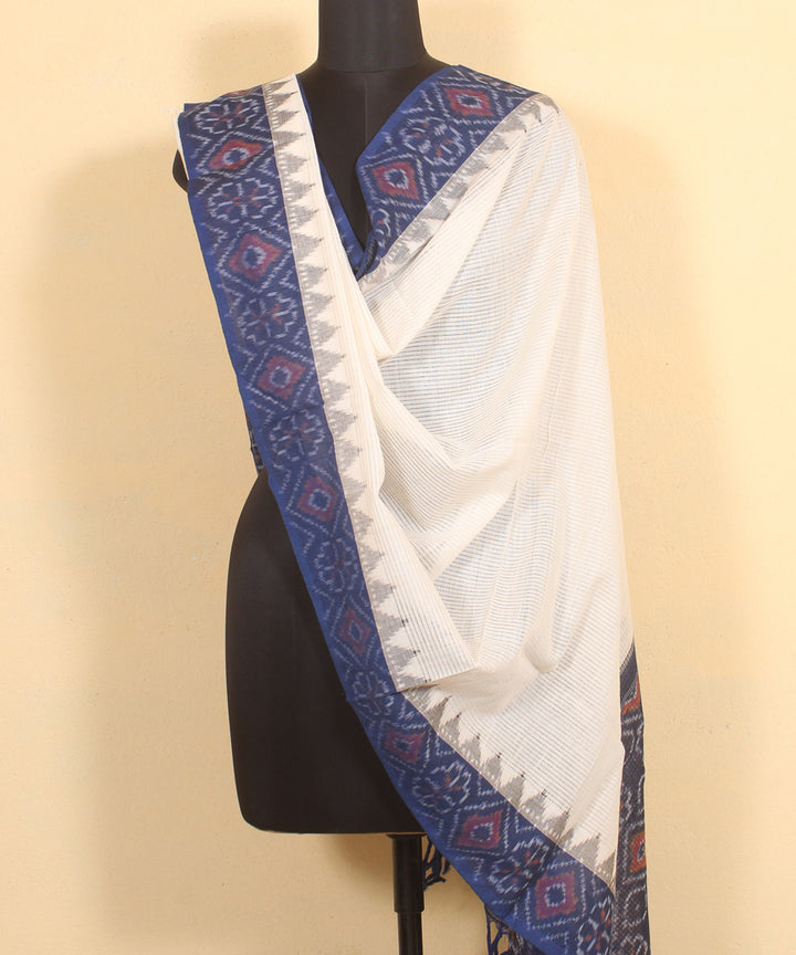 White blue handwoven cotton pochampally ikat dupatta